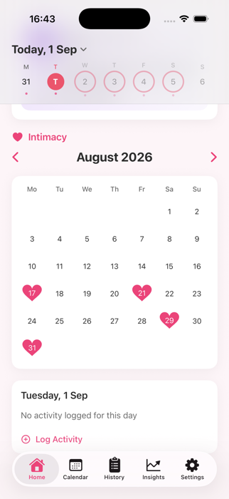 Calendar view with intimacy days marked with a heart icon