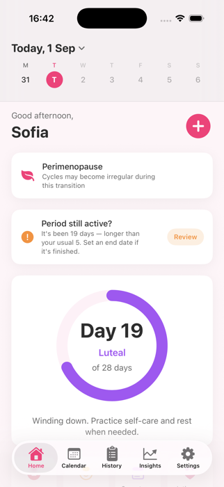 Cykle home screen showing Day 19 of the cycle in the luteal phase