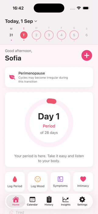 Cykle home screen on Day 1 of the period phase, with quick actions to log period, mood, symptoms, and intimacy