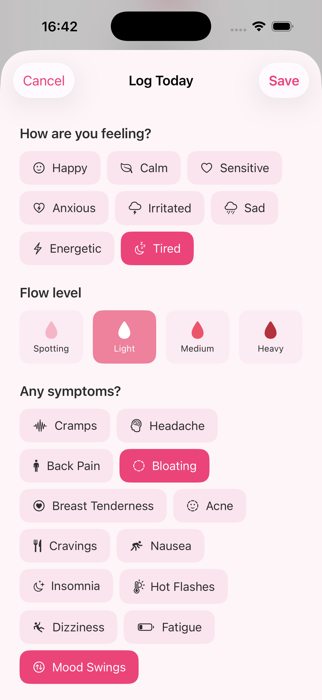 Log Today sheet with mood, flow level, and symptom selection
