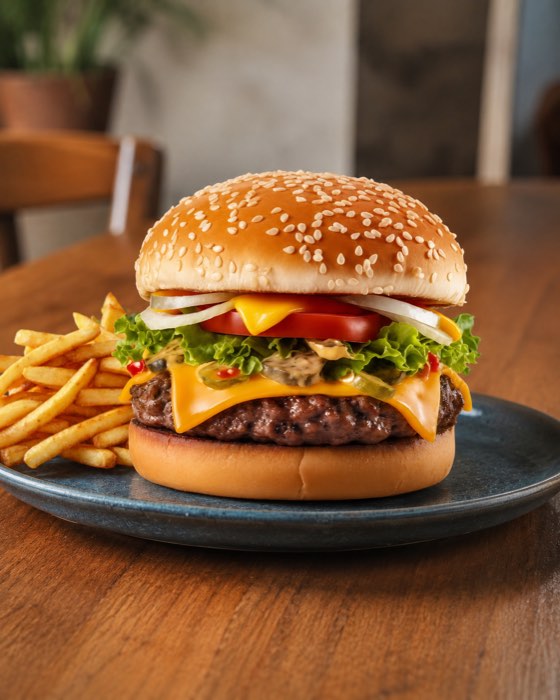 A cheeseburger with fries, plated and ready to be logged in PlateAI