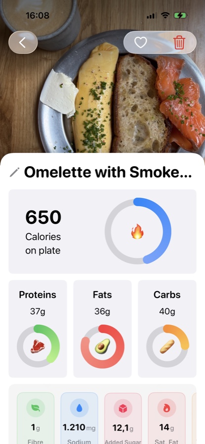 PlateAI meal detail screen for omelette with smoked salmon