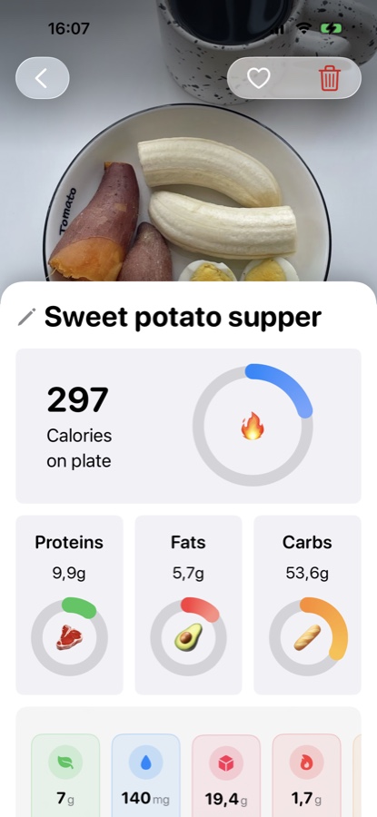PlateAI meal detail screen for sweet potato supper