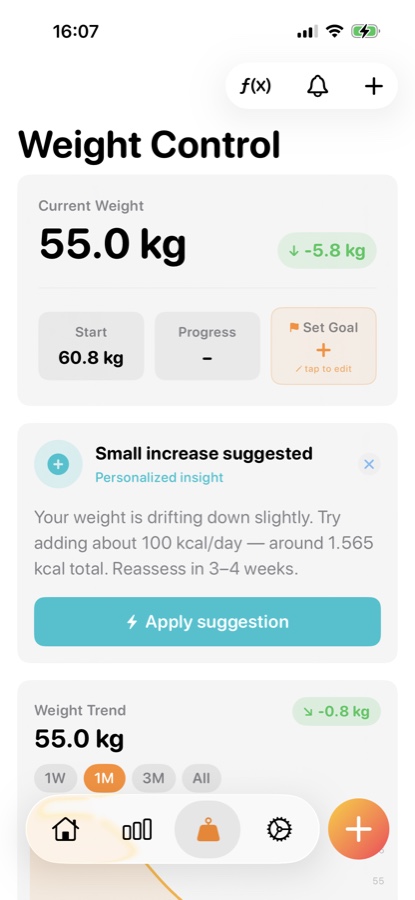 PlateAI Weight Control screen showing weight trend and a personalized insight