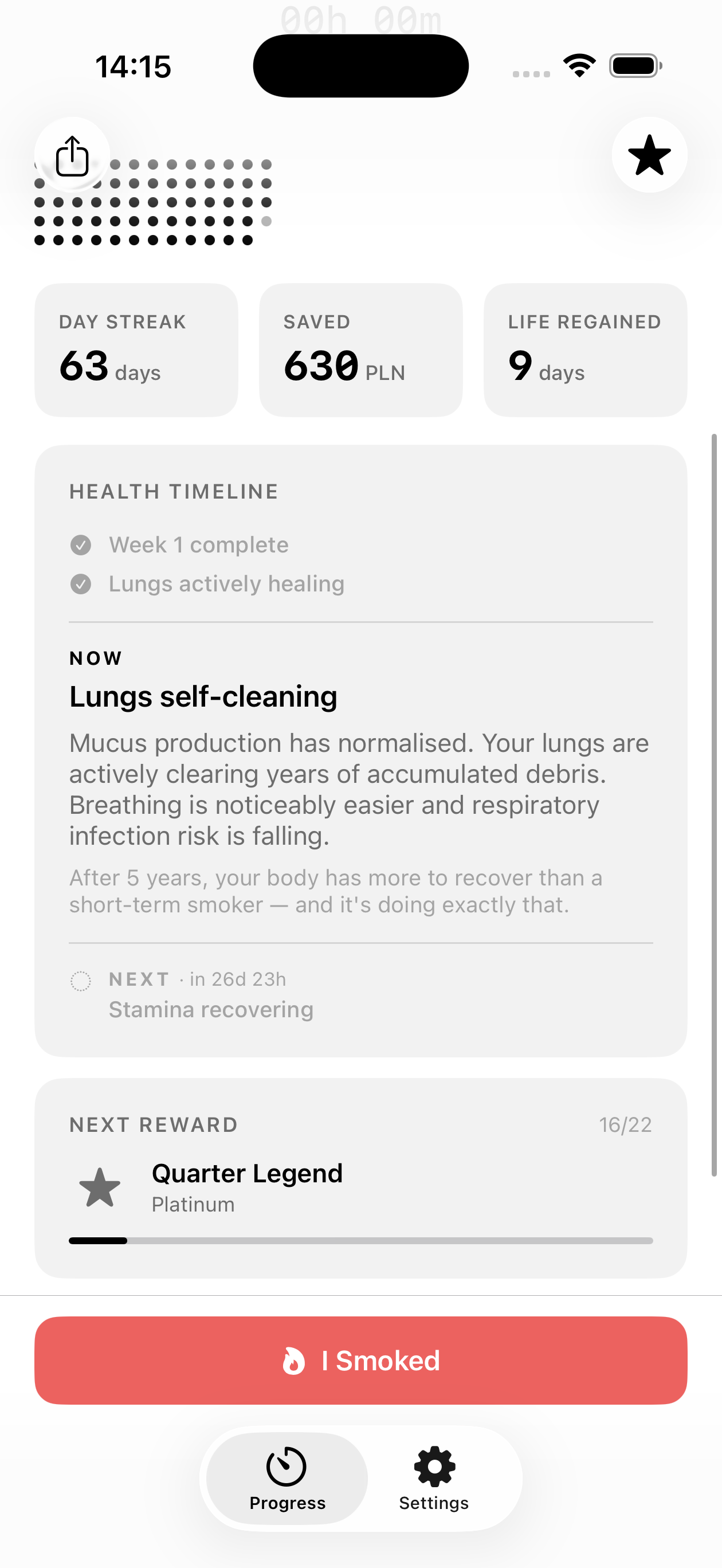 Smoki health timeline and next reward progress