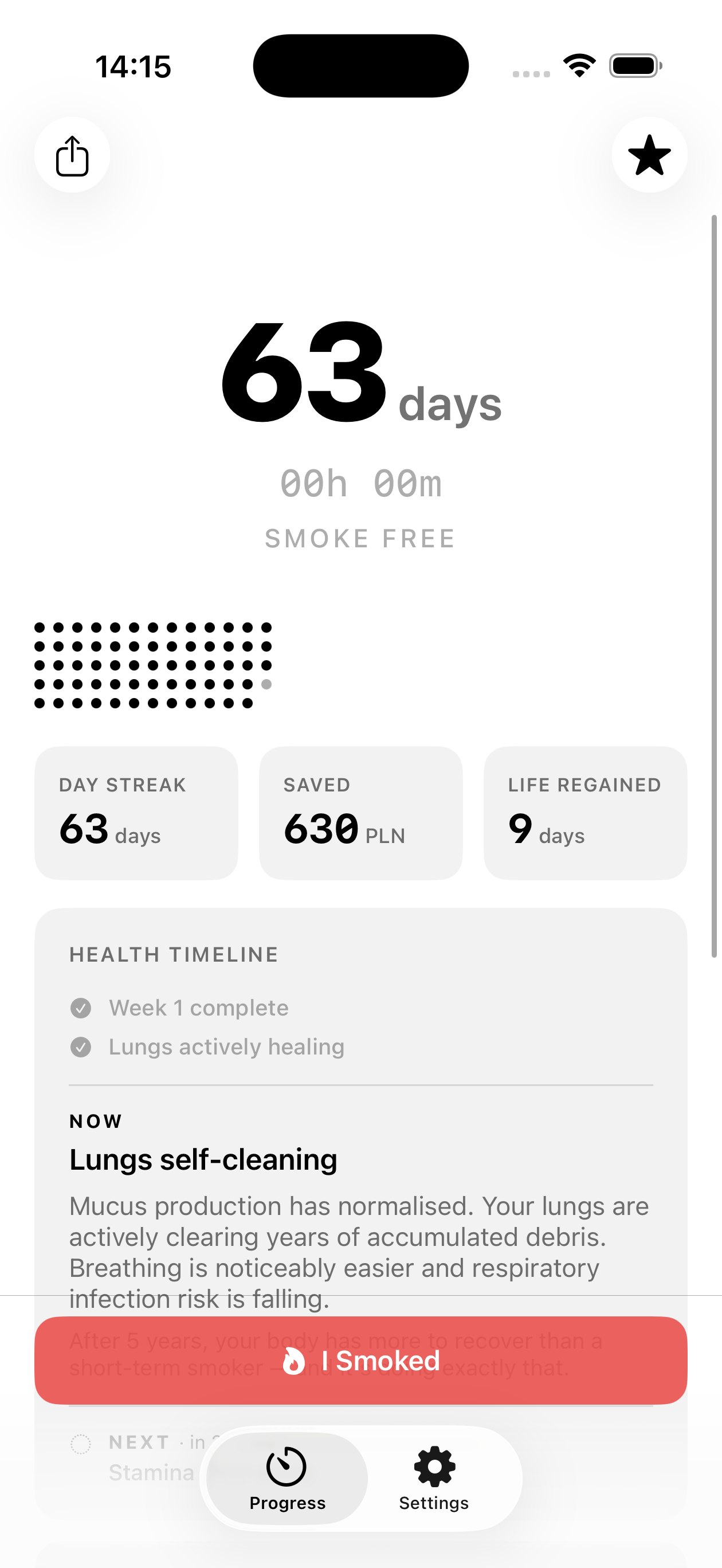 Smoki home screen showing day streak, saved money, and life regained