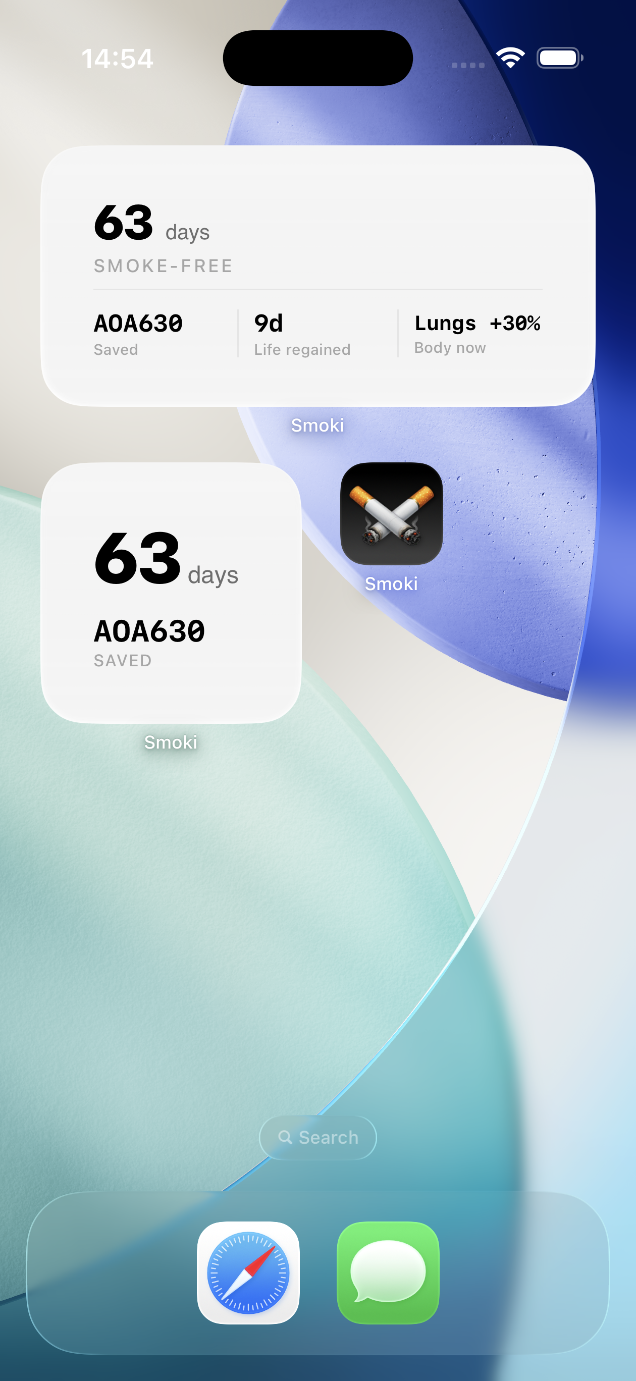 Smoki Home Screen widgets showing streak and money saved