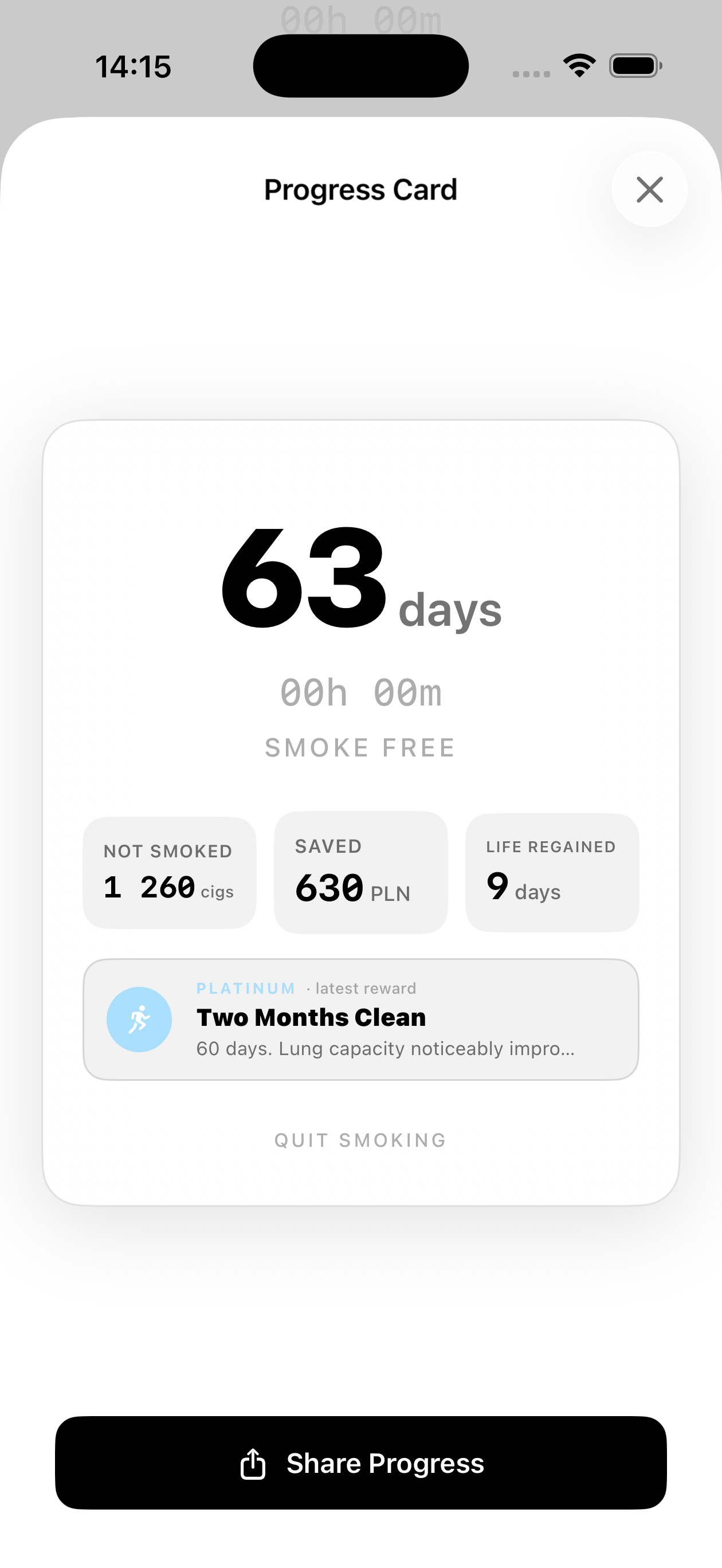 Smoki share progress card with streak, savings, and latest reward