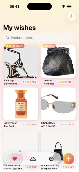 Weeshlist My wishes screen with biggest dream and want this tags, plus live price tracking