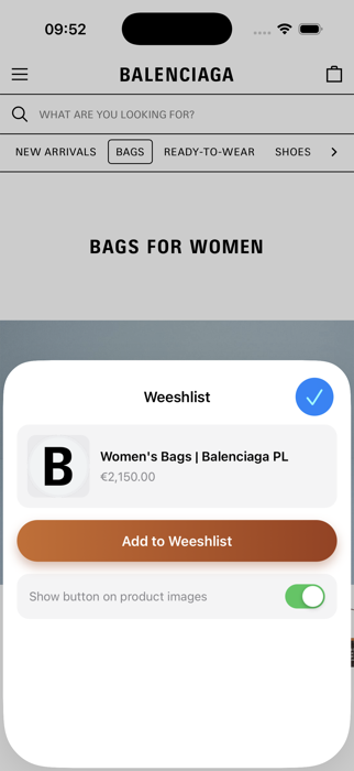 Weeshlist Safari extension add to Weeshlist popup on a shopping site
