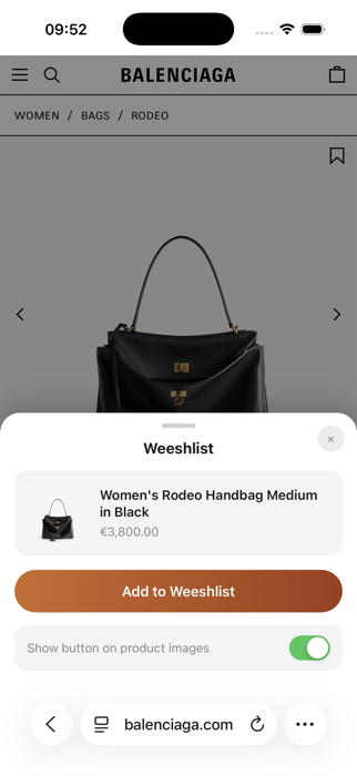 Weeshlist Add to Weeshlist sheet with product preview in Safari